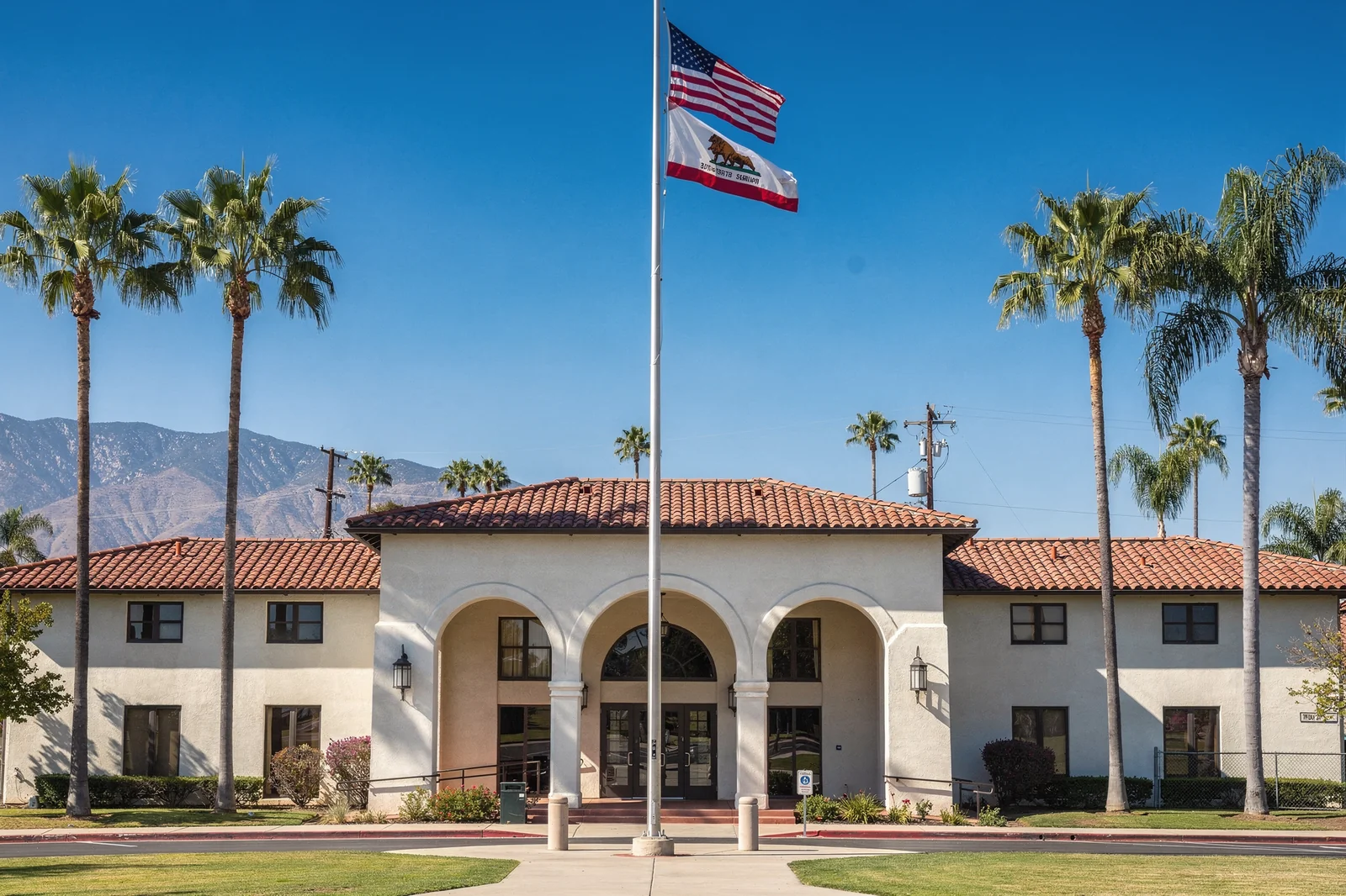 Corona-Norco Unified School District campus in Corona, California with Santa Ana mountain backdrop