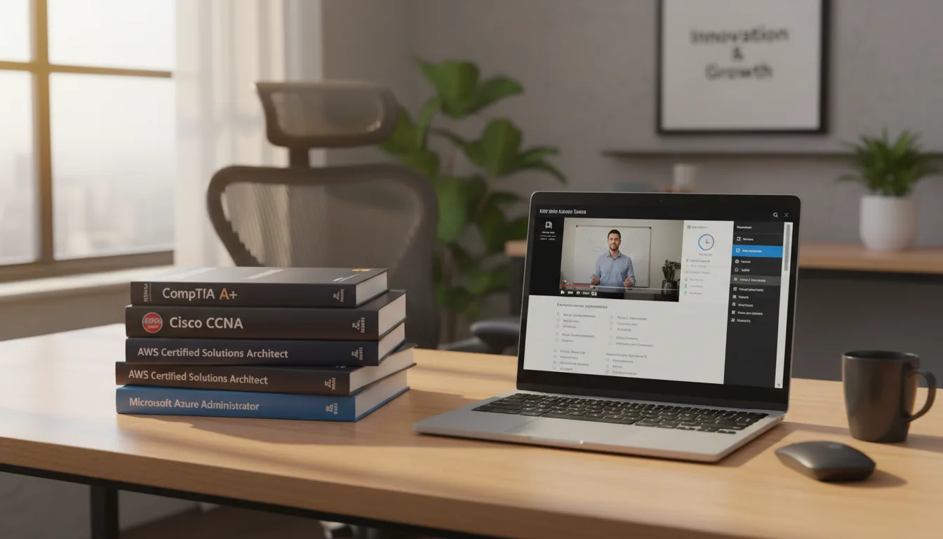 IT certification study books beside a laptop