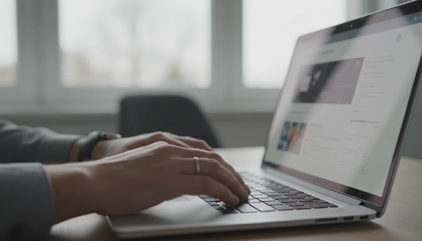 Hands typing on a laptop displaying an online course