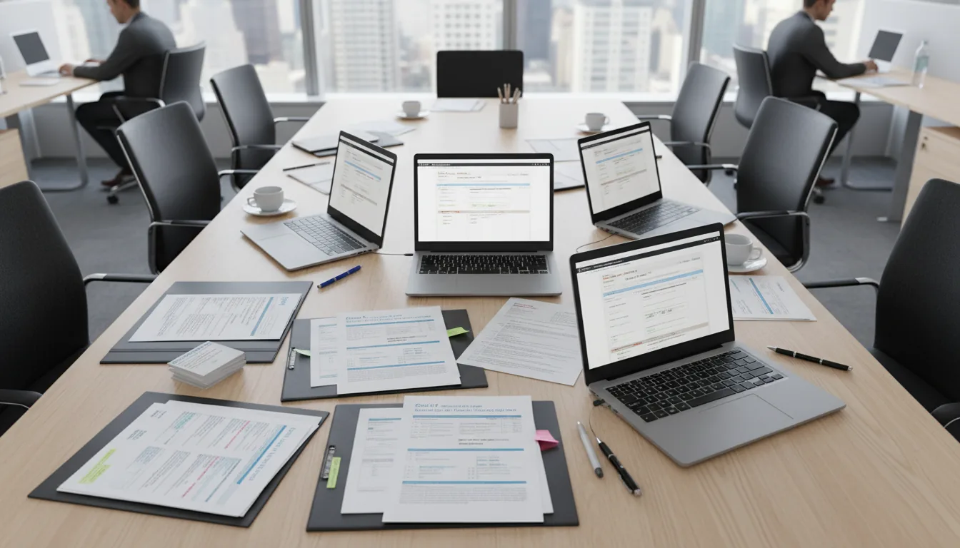 Grant application documents on a conference table