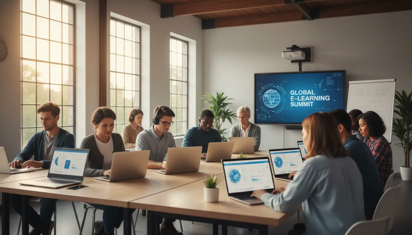 Diverse students learning online at laptops in a modern classroom