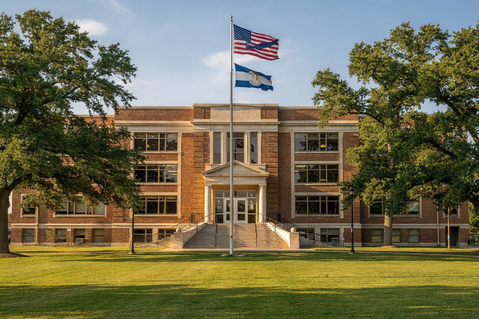 Illinois K-12 public school building with American and state flags