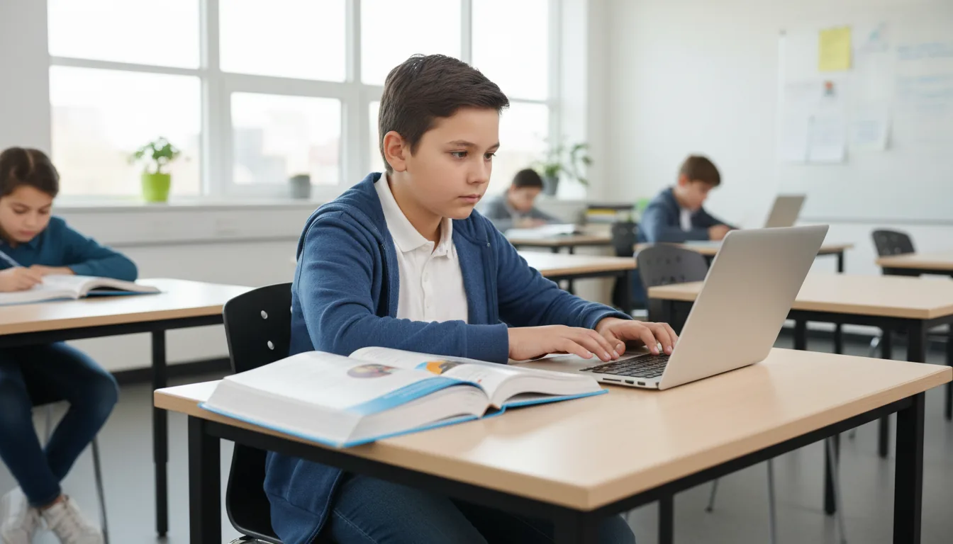 Student working on a laptop with a textbook open