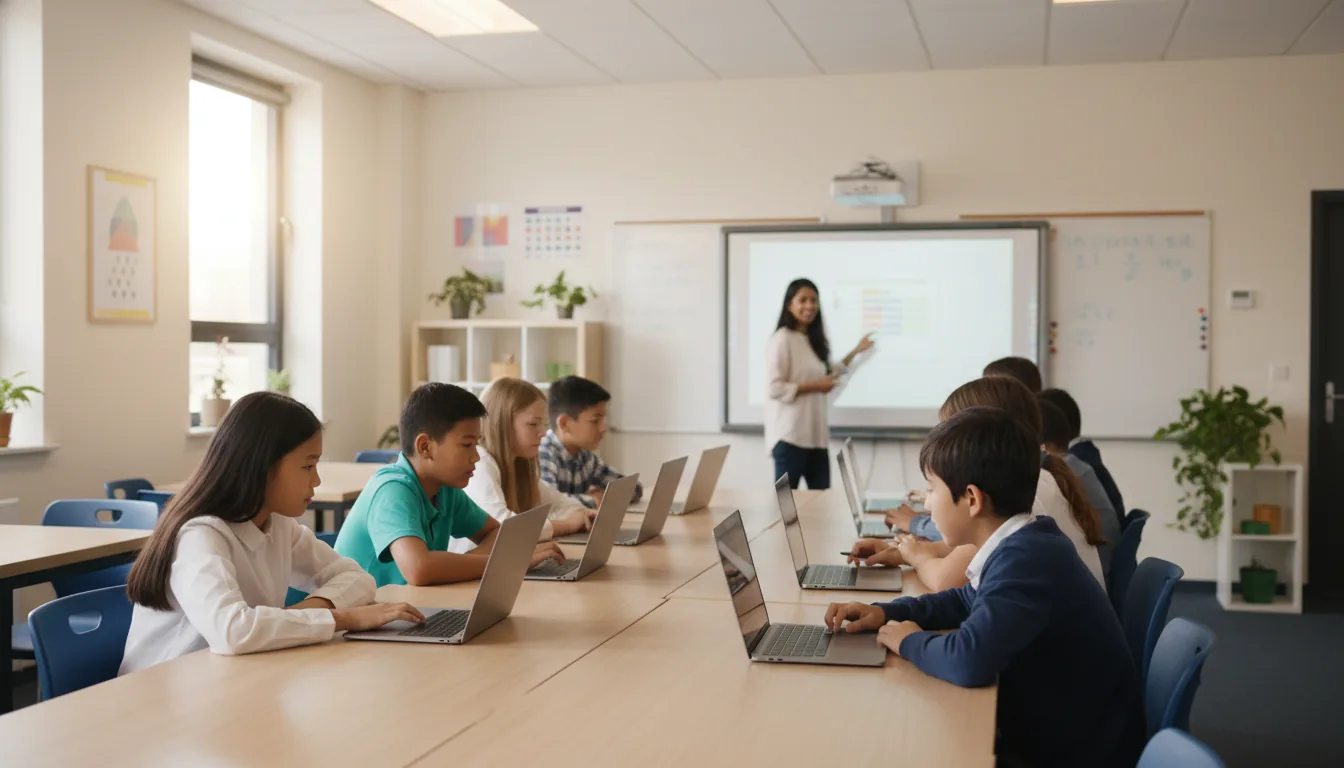 Middle school students using laptops with a teacher
