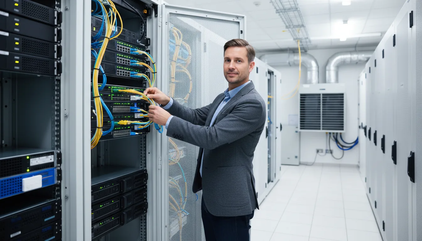 IT professional configuring a school server rack