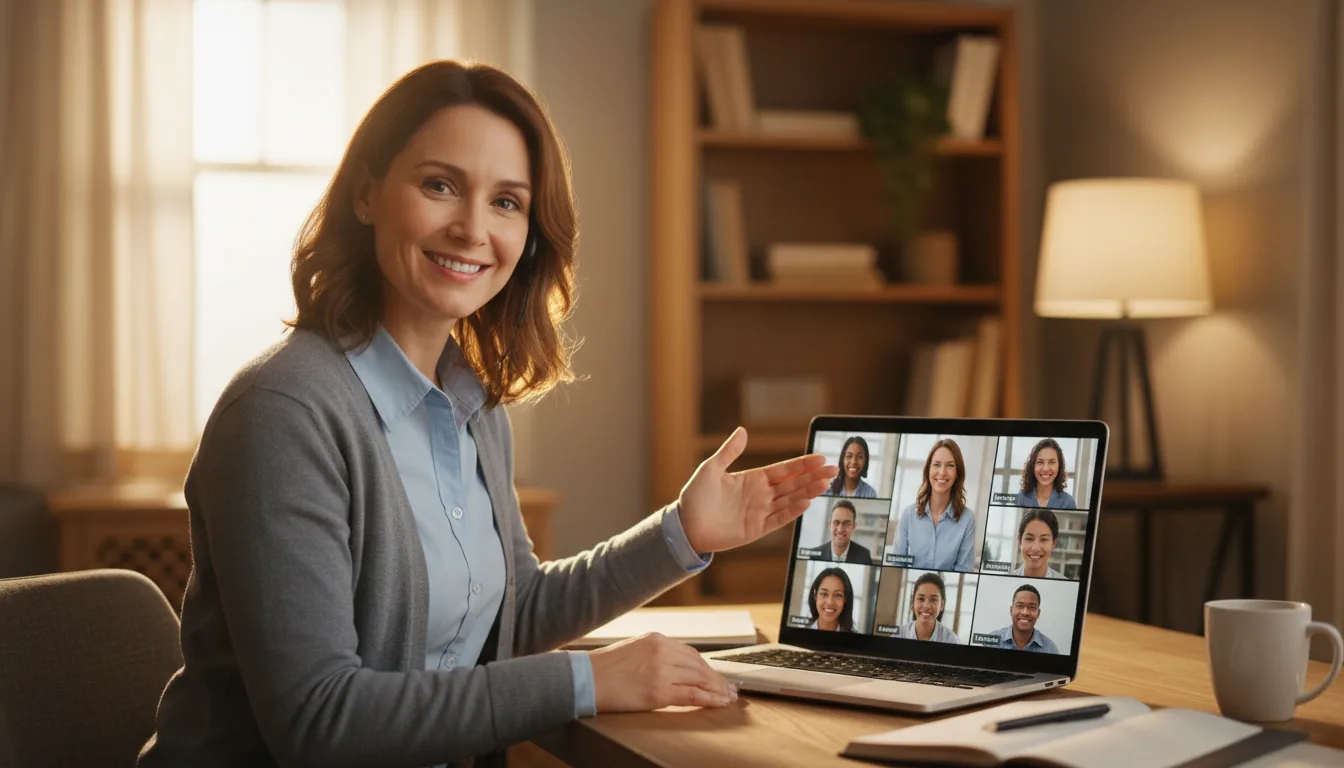 Teacher presenting via webcam in a home office
