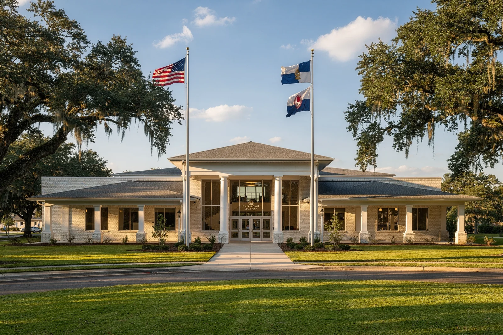 Louisiana K-12 public school campus with live oaks and American and state flags