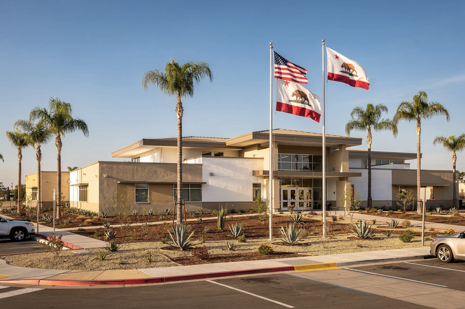 Orange County Orange County California public school campus with palm trees and American and California state flags