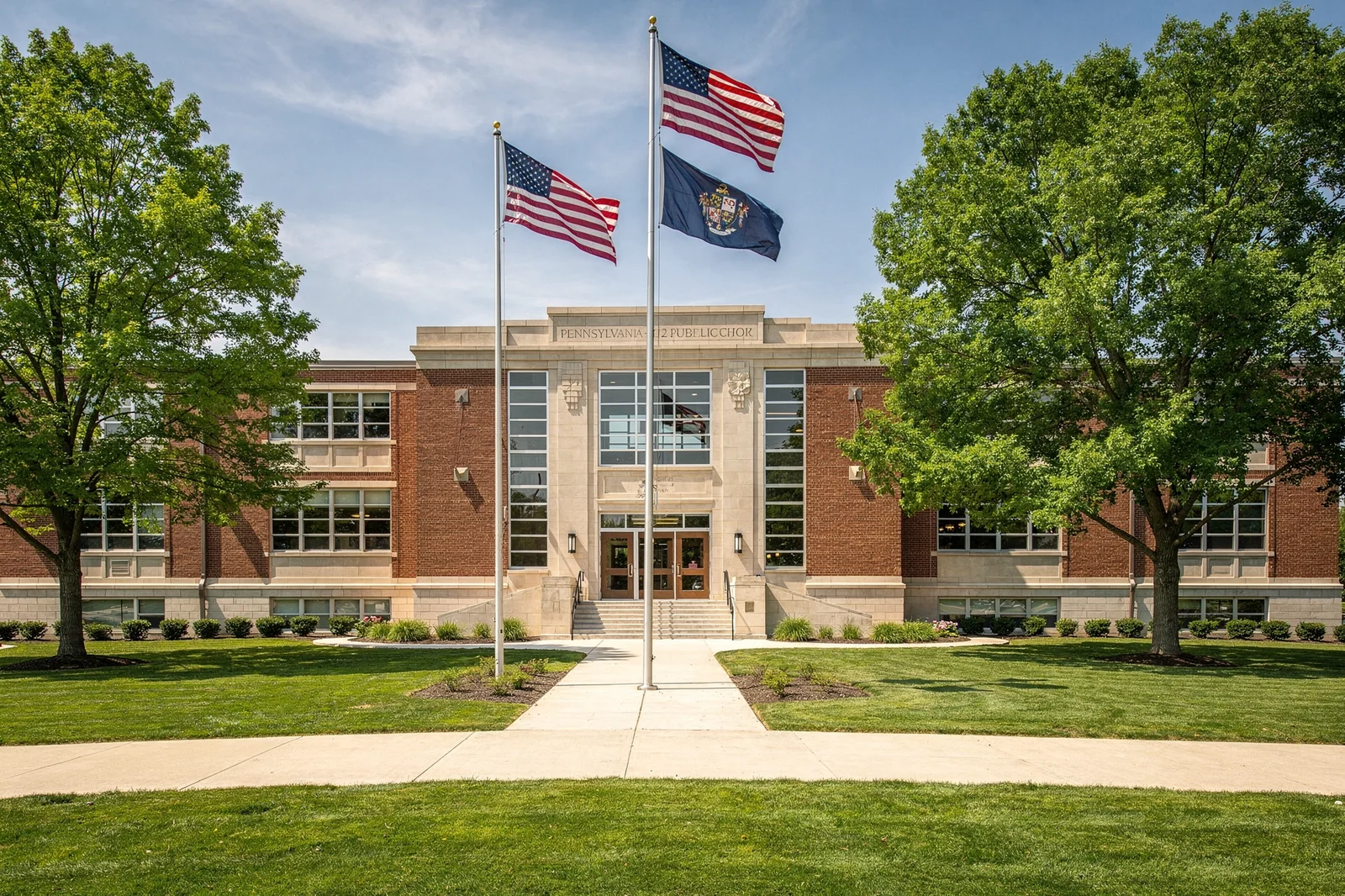 Pennsylvania K-12 public school building with American and state flags