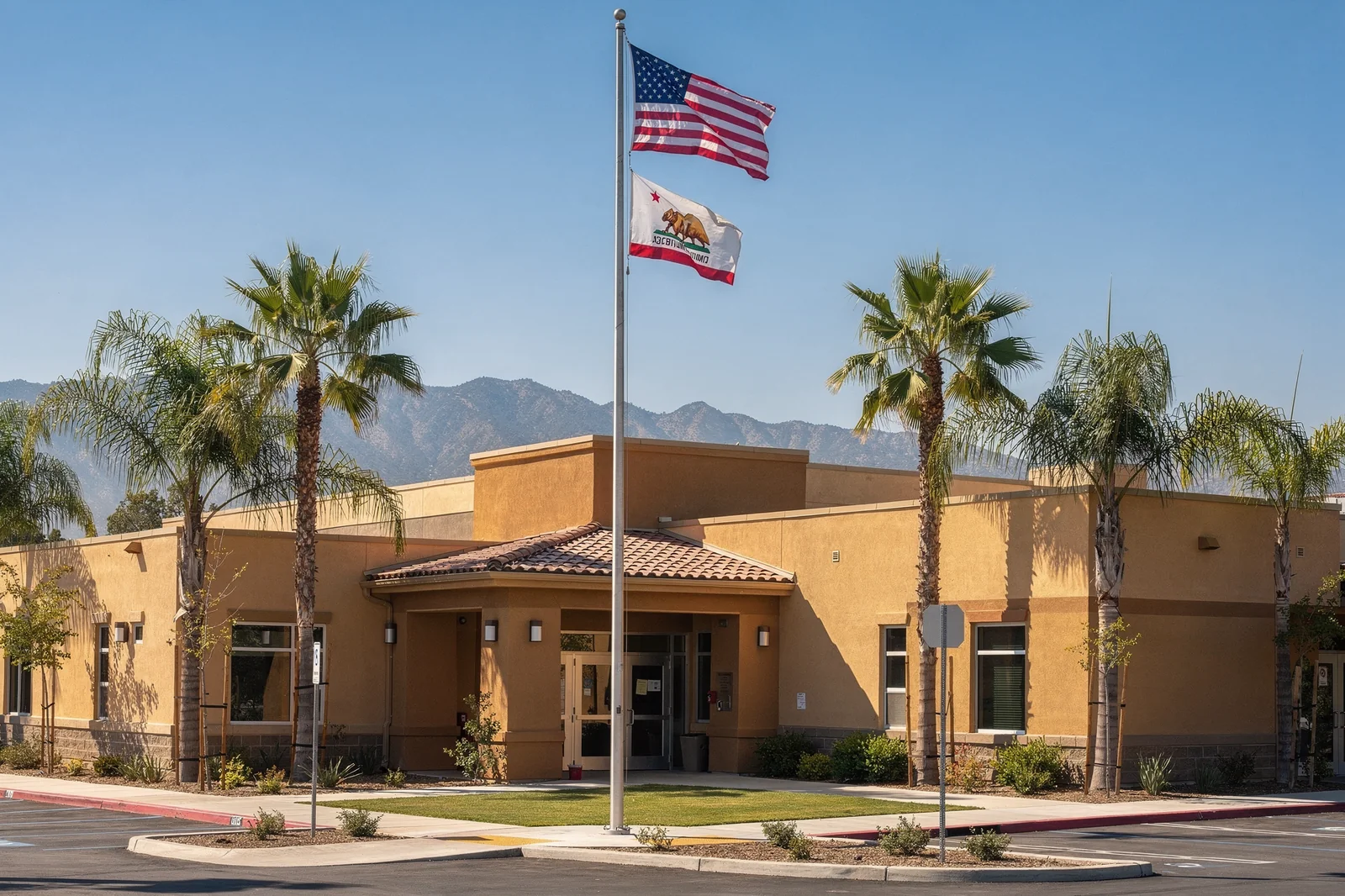 Riverside County California public school campus with mountain backdrop