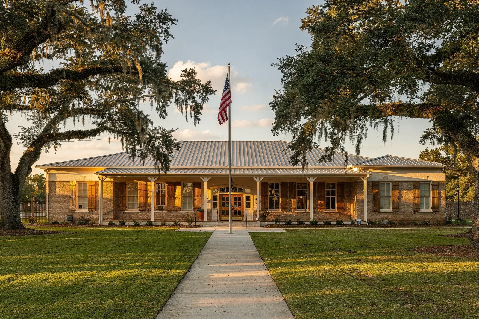 St. Landry Parish Schools campus in Louisiana with live oaks and American flag