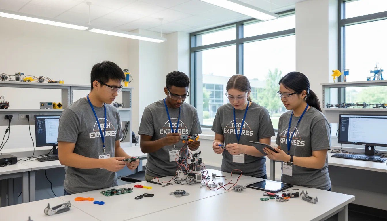 High school students building a robotics project in a STEM lab
